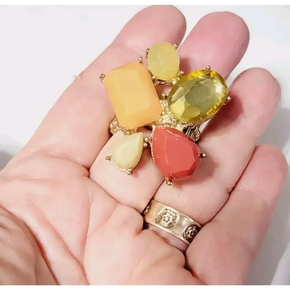 Colorful Lucite Sretch Ring Fashion‎ Orange, Red, Yellow, Gold-tone r-12